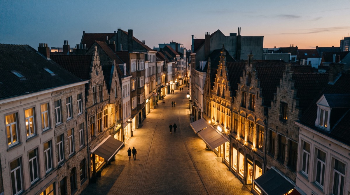 Winkelstraat in Oostende bij valavond